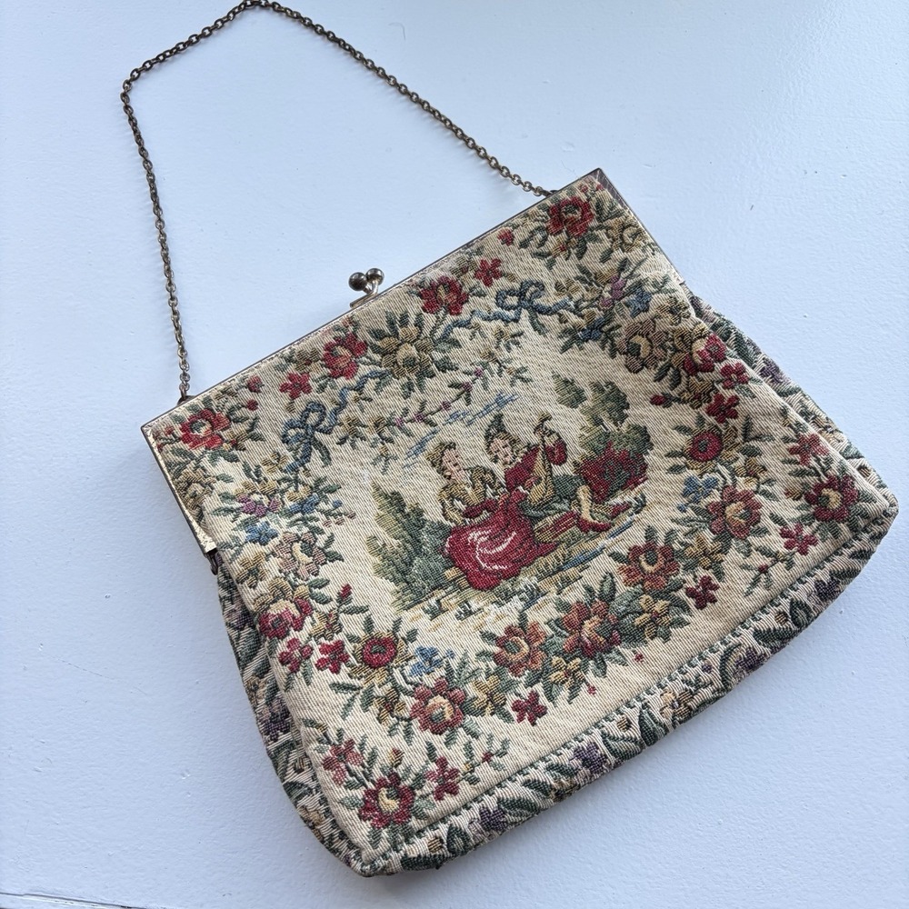 Vintage Walborg De Pinna French‎ Tapestry Kiss Lock Clutch Purse Made in France